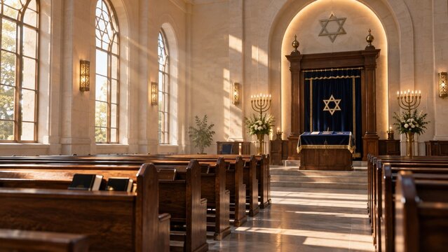 Grand synagogue interior with rows of wooden benches, Aron Kodesh ark, Star of David, and sunlight through high windows. Judaism religion, prayer hall architecture, and Jewish heritage concept.