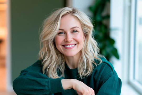 Confident Female Corporate Coach Standing by Window in Modern Green Workspace
