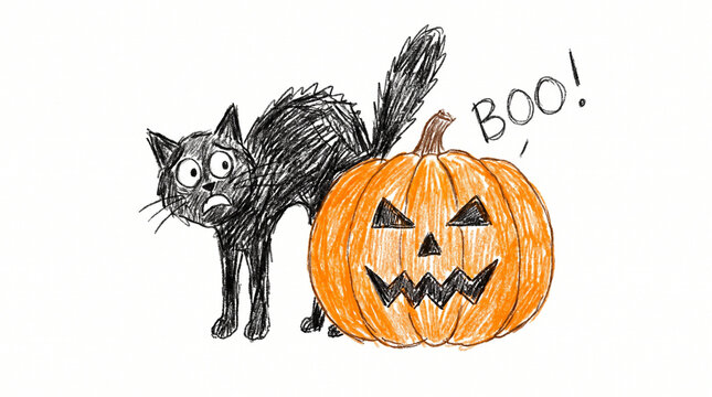 Hand drawn colored pencil child drawing of scared black cat and Halloween carved pumpkin lantern with boo text illustration
