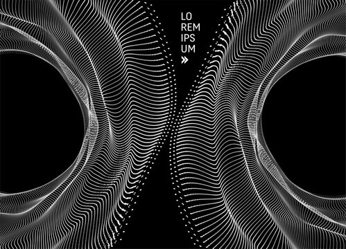 Dot grid. Two symmetrical tunnels. Futuristic 3D technology style. Abstract background. Black and white. Scientific illustration. Vector for a brochure, poster, cover, presentation, flyer, or banner.