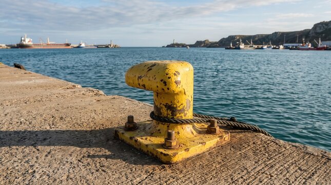 Close-up of a yellow mooring bollard on a harbor by the sea