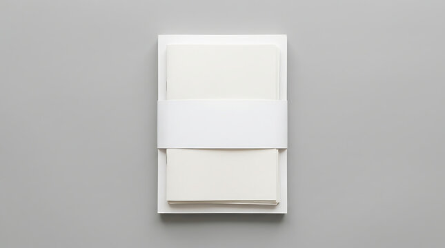Minimalist Mockup Of White Paper Belly Band Around Stack Of Paper Products On Clean Neutral Gray Background
