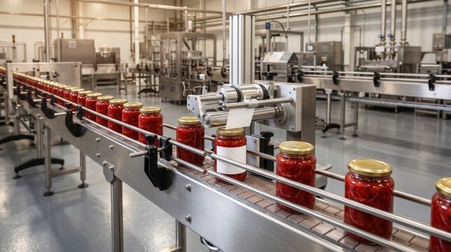 Production line with jars of red sauce being processed in factory