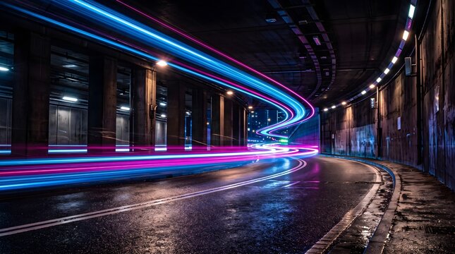 Futuristic light trails in urban tunnel, neon blue and purple motion blur on wet asphalt road, long exposure night city traffic concept