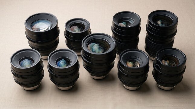 A collection of camera lenses arranged on a neutral surface