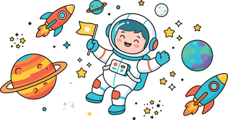 Fototapeta premium Cute Astronaut Exploring Space and Planets Illustration
