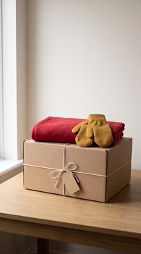 Tied Kraft Donation Box With Blank Tag and Red Fleece
