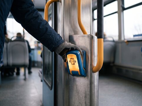 Indoor eye-level close-up shot of an obscured commuter wearing a dark jacket and knit glove holding a smart card against an illuminated contactless ticket validator machine inside a public bus.  