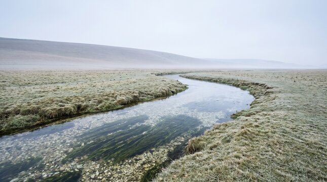 Clear Chalk Stream Winding Through Frosty Water Meadows