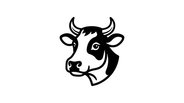 Monochrome vector illustration of a cow head logo isolated on a white background, featuring clean lines and a stylized design