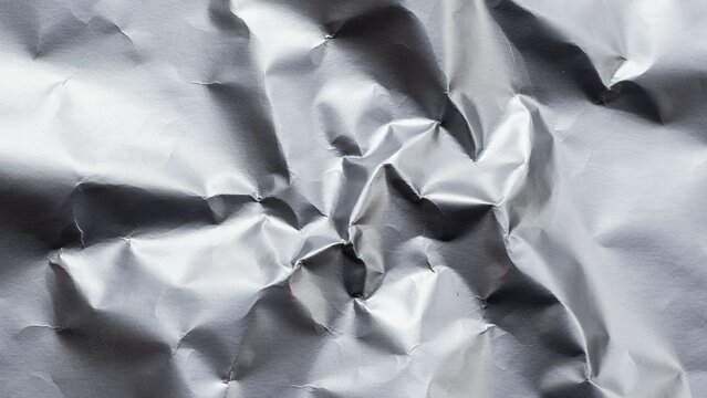 background Crumpled silver aluminum foil texture with metallic reflections. Creased grey metal foil background for industrial design. Wrinkled shiny tin foil surface for food packaging and