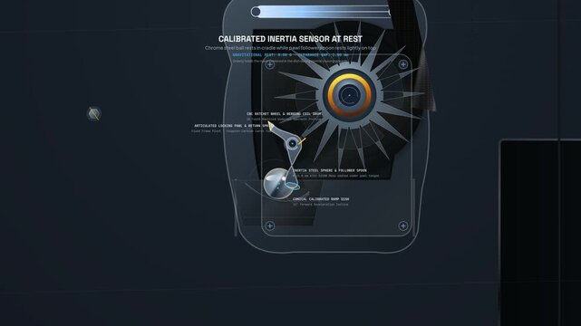 3D technical animation demonstrating the internal mechanics of an inertia reel seatbelt, showing how a sudden vehicle deceleration triggers a steel sphere to engage a locking pawl into a ratchet