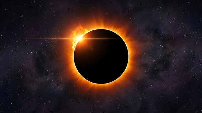 Total solar eclipse featuring glowing orange corona against dark cosmic background with bright distant shining stars