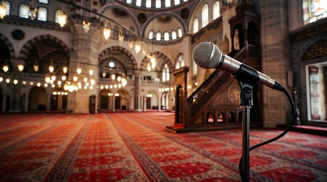 Silver microphone stands prominently inside beautiful historic mosque featuring warm ambient golden lighting and intricate architecture