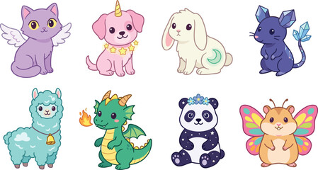 Fototapeta premium Cute Fantasy Animals Vector Character Set with Winged Cat Unicorn Puppy Celestial Rabbit Crystal Mouse Alpaca Dragon Space Panda and Butterfly Hamster