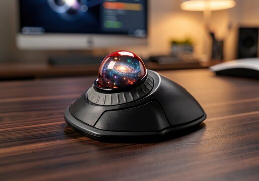 Futuristic trackball mouse with galaxy design on wooden desk