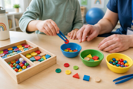 Child learning fine motor skills with occupational therapist