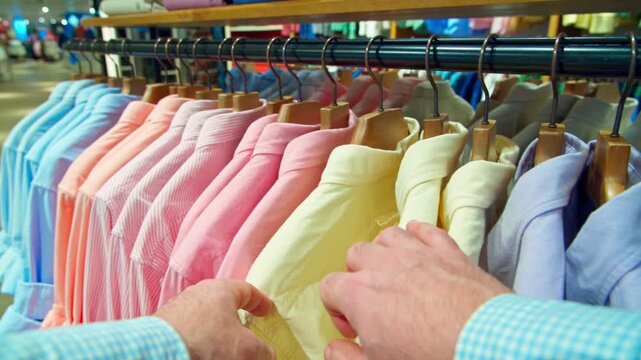 Businessman shopper browsing a rack of pastel-coloured shirts in a modern retail store, comparing fabrics, textures and shades by touch, carefully selecting the ideal piece to match personal style.