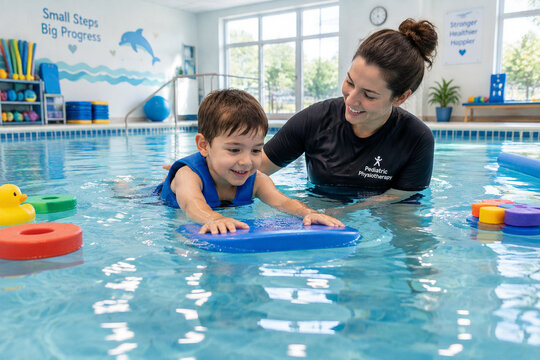 Child doing hydrotherapy with a therapist in a swimming pool