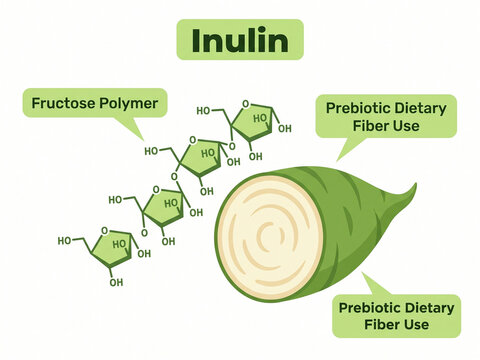 Inulin diagram illustrates the chemical structure of a fructose polymer alongside a cross-section of a chicory root used as a prebiotic dietary fiber for gut health.