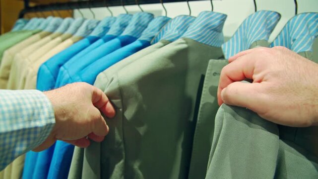 POV close-up of a shopper&rsquo;s hands browsing vibrant blazers on hangers in a stylish clothing store, carefully comparing colors and fabrics while selecting the perfect jacket for a refined look.