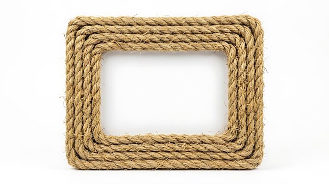 Rustic rectangular photo frame made from thick brown natural nautical rope isolated on white background surface