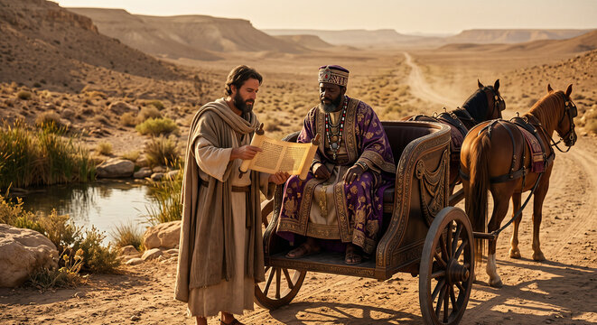 Philip and the Ethiopian Eunuch Meeting on the Roadside, Early Church Bible Story From the Book of Acts