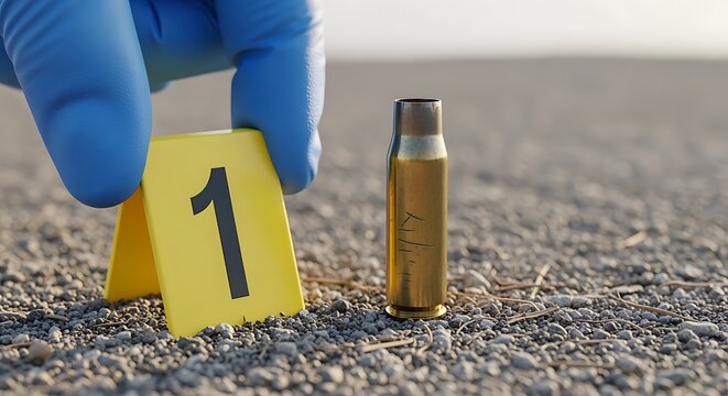 Crime Scene Investigation with Marked Bullet Casing and Gloved Hand