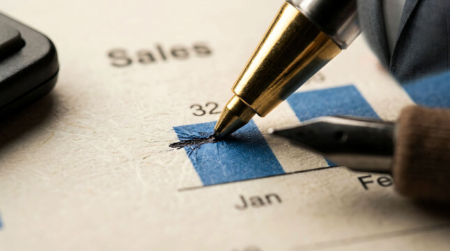 Close-up of pen puncturing a sales chart document for data analysis business