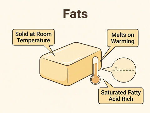 Fats diagram displays the physical properties of lipids such as being solid at room temperature and rich in saturated fatty acids while melting upon warming for nutritional study.