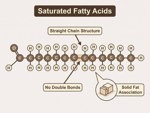 Saturated fatty acids molecular structure shows a straight chain of carbon and hydrogen atoms with no double bonds illustrating solid fat association for nutrition and science.
