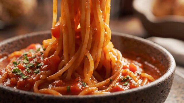 Close up of tongs picking up pasta noodles in sauce with herbs