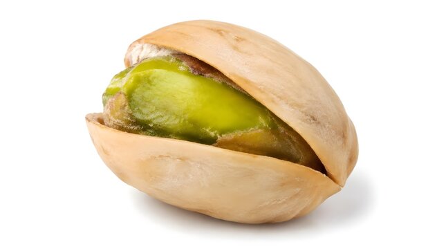 Single roasted pistachio nut in shell isolated on white background