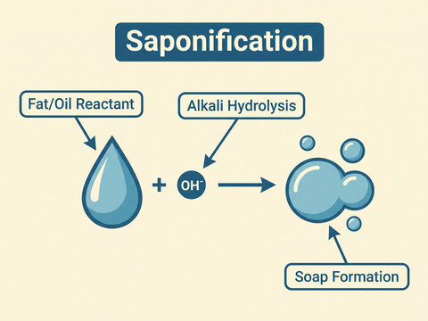 Saponification chemical reaction process is explained through a minimalist educational diagram with labeled steps for fat reactants, alkali hydrolysis, and soap bubbles.