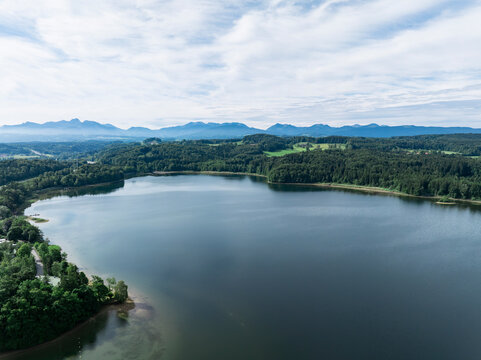 Aerial View of Reservoir in the foothills of Bavaria in summer. Seehamersee, Germany