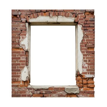 Broken brick wall with empty window frame