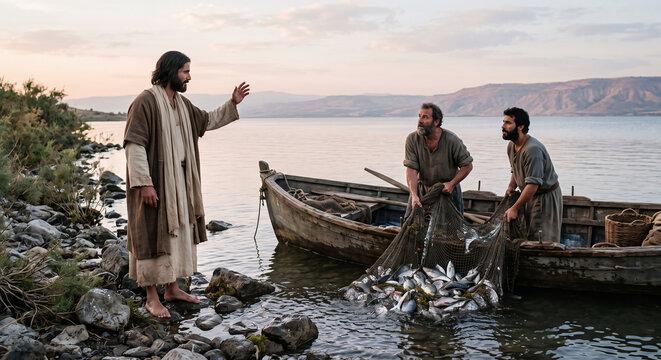 Jesus Calling His First Disciples Beside the Sea of Galilee, Peter and Andrew Leaving Their Fishing Nets, Matthew 4 Biblical Story
