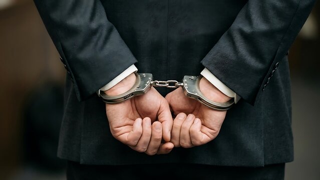 Professional businessman wearing a dark suit stands with hands locked firmly in shiny steel metal handcuffs