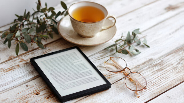 E reader with visible text beside amber tea in ceramic cup, reading glasses, and leafy branches arranged on a rustic whitewashed wooden table still life