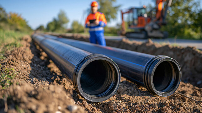 Large-diameter black HDPE pipes prepared for underground water infrastructure installation along a rural roadside, worker in protective equipment checking the site with a tablet, open trench and con
