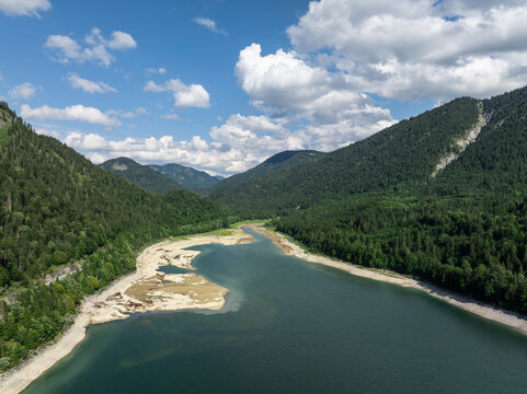 Aerial View of Sylvenstein Reservoir with Low Water Levels During Summer Drought, Bavaria, Germany