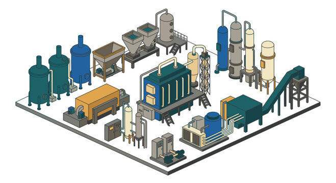 Elegant Isometric of a Modern Industrial Processing Plant with Colorful Machinery and Piping Systems