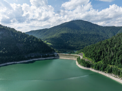 Aerial View of Sylvenstein Reservoir with Low Water Levels During Summer Drought, Bavaria, Germany