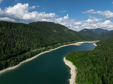 Aerial View of Sylvenstein Reservoir with Low Water Levels During Summer Drought, Bavaria, Germany