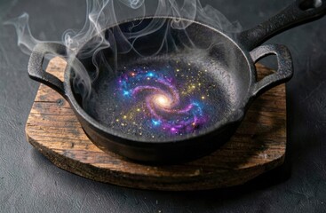Fototapeta premium A swirling galaxy sits inside a hot cast iron skillet
