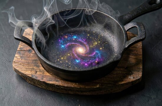 A swirling galaxy sits inside a hot cast iron skillet