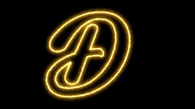 Glowing neon letter d animation, golden electric script alphabet sign on black background