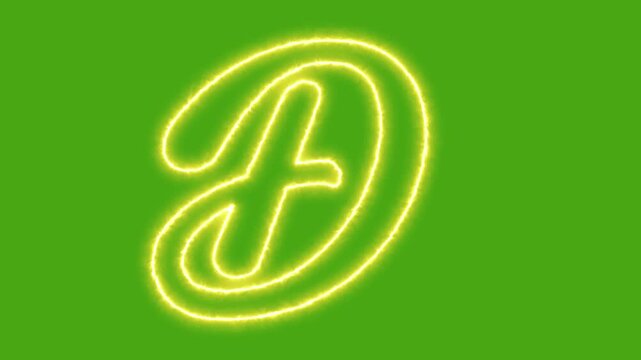 Neon glowing letter d animation on green screen, calligraphic script alphabet sign typography