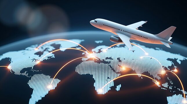 Airplane flies over glowing world map with digital connections showing international flight paths and global business travel routes on dark background.