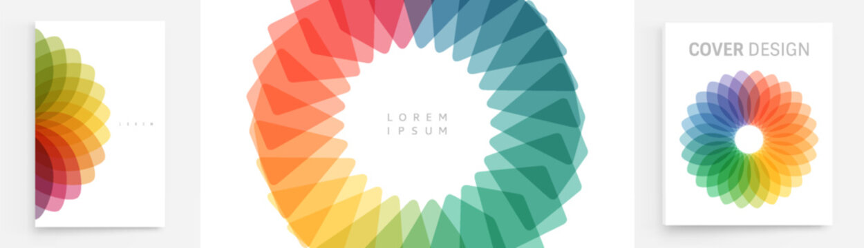 Circular frame made of blue-green translucent leaves, petals, or geometric shapes. Color gradient. Overlay effect. Cover design template. Vector for brochure, card, presentation, flyer or banner.